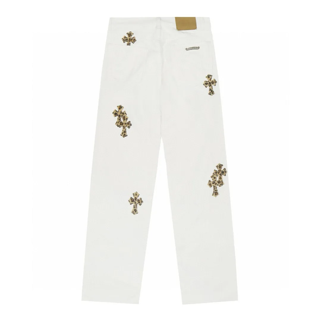 P240 💰 (Top version) Chrome Hearts/Chrome Hearts Classic white hand-painted leopard print series colorful leather cross washed color fabric unisex denim trousers Vibe style straight stacked god-level version Carbon fine bias denim color cloth Old vintage full set of hardware - Chrome Hearts white cow series The high version uses high-ounce custom fabrics, fermentation washing and soft color fixation, soft and thick to wear, the details are all made by hand-polished craftsmanship, all-over printed jacquard fabric Unique design style. Through multiple processes to create a full retro feel. Unique niche non-contrast shirt. Customized distressed spray-painted buttons. Craftsmanship in every detail. Color: white hand-painted leopard print. Size: 28-30-32-34 (corresponding to S-M-L-XL)